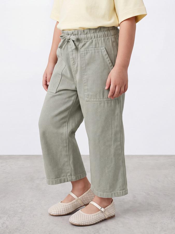 R&B Girls Green Solid Pure Cotton Wide Leg Mid Rise Trousers