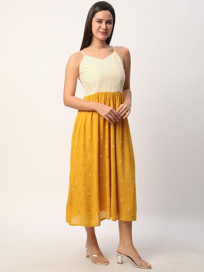 R&B Women Yellow Chevron Sleeveless V-Neck Midi Fit &amp; Flare Dress