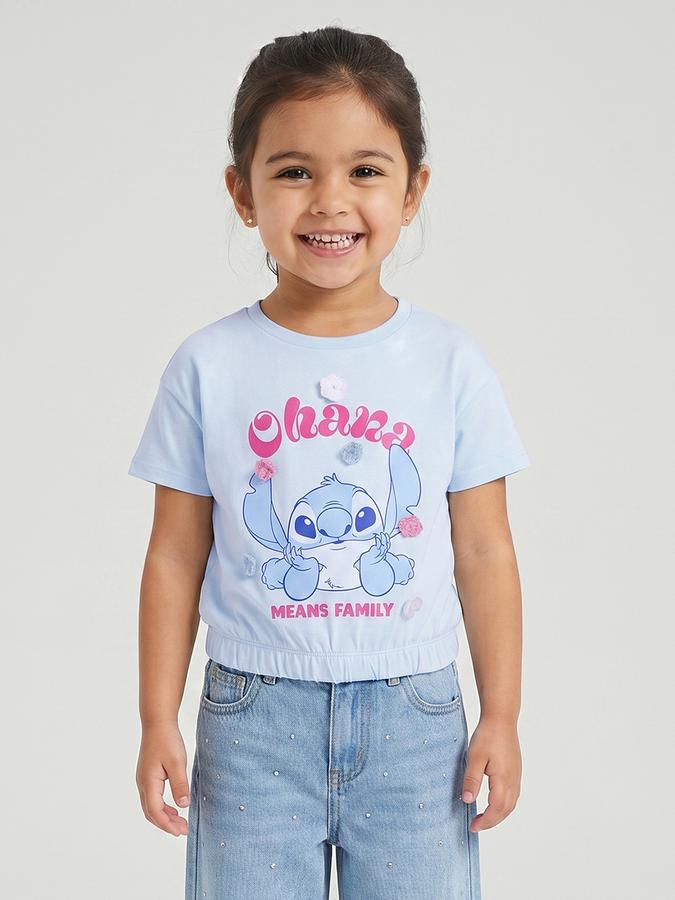 R&B Girls Blue Regular Fit Stitch Printed Short Sleeve T-shirt