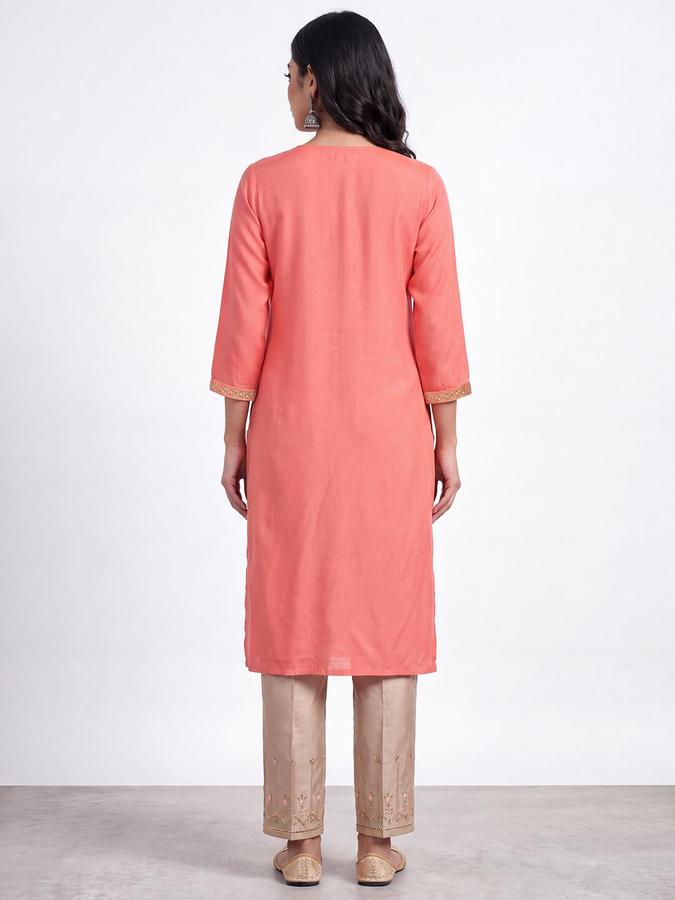 R&B Women Peach Embroidered V-Neck 3/4 Sleeve Straight Kurta