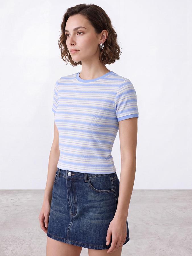 R&B Womens Blue Round Neck Short Sleeves Striped Crop Top
