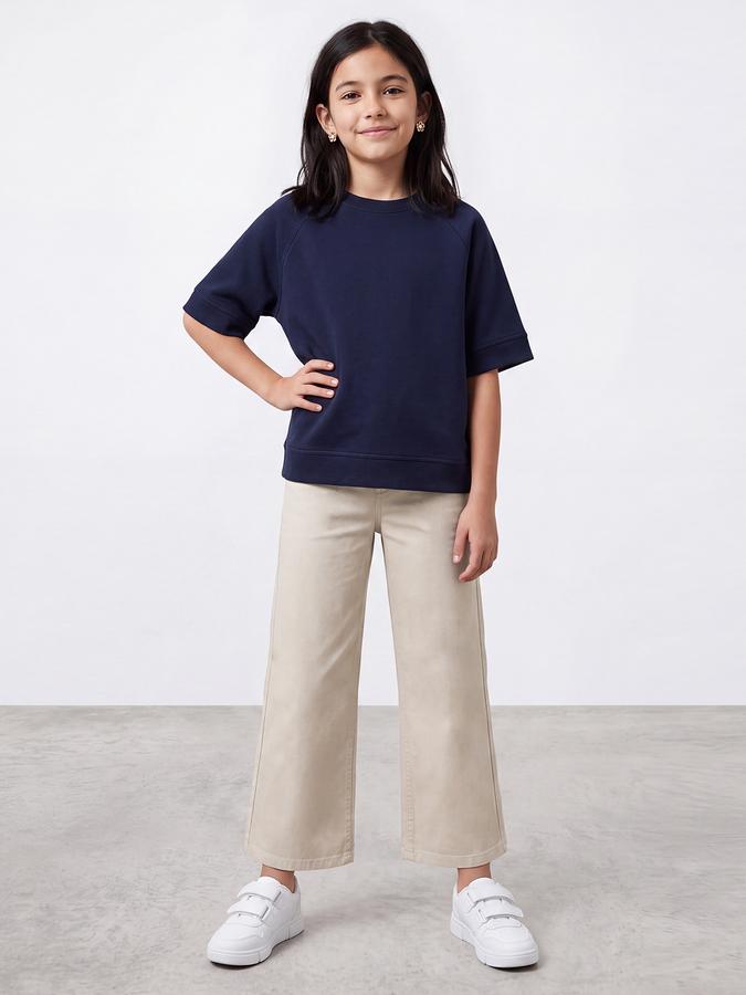 R&B Girls Beige Solid Wide Leg Mid Rise Trousers