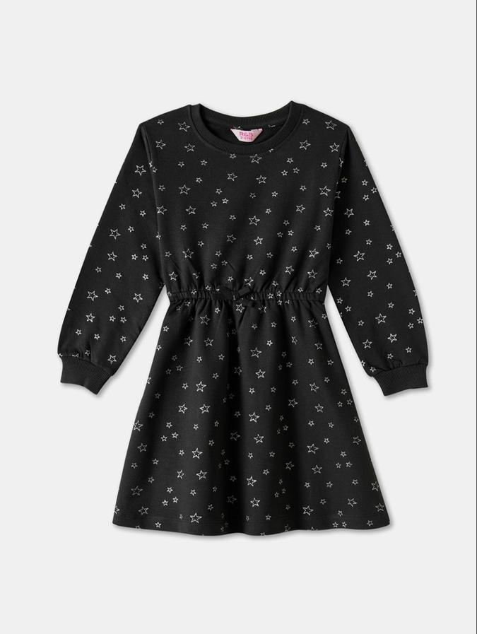R&B Black Geometric Printed Girls Long Sleeves Dress