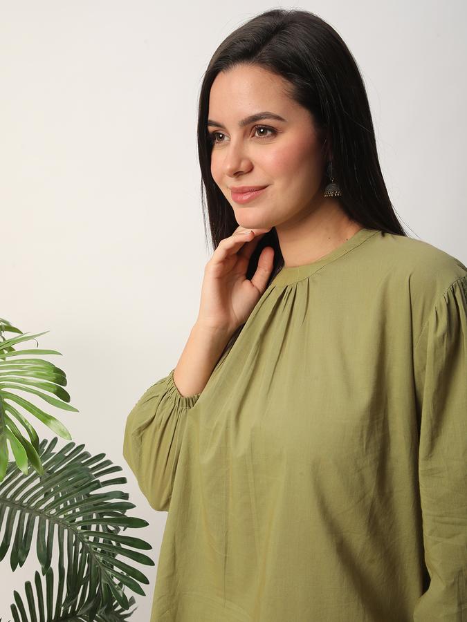 Women Cotton Relaxed Fit Round Neck Solid Ethnic Top