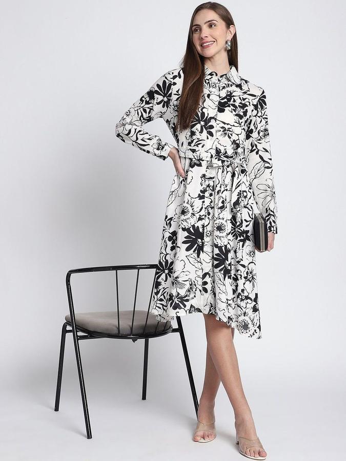 R&B Women Black Floral Long Sleeves Shirt Collar Knee Length A-Line Dress