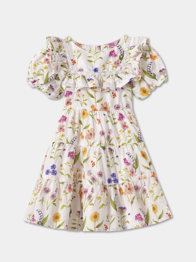 Girls Floral Print Short Sleeve Round Neck Regular Dress