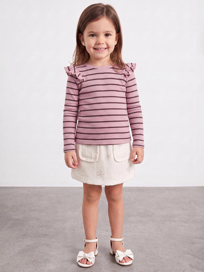 R&B Girls Pink Striped Long Sleeves Round Neck Ribbed T-Shirt