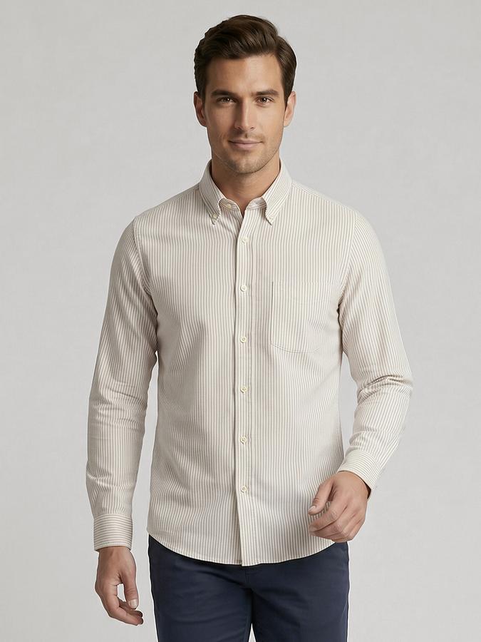 R&B Brown Striped Men Button-Down Collar Long Sleeves Shirt