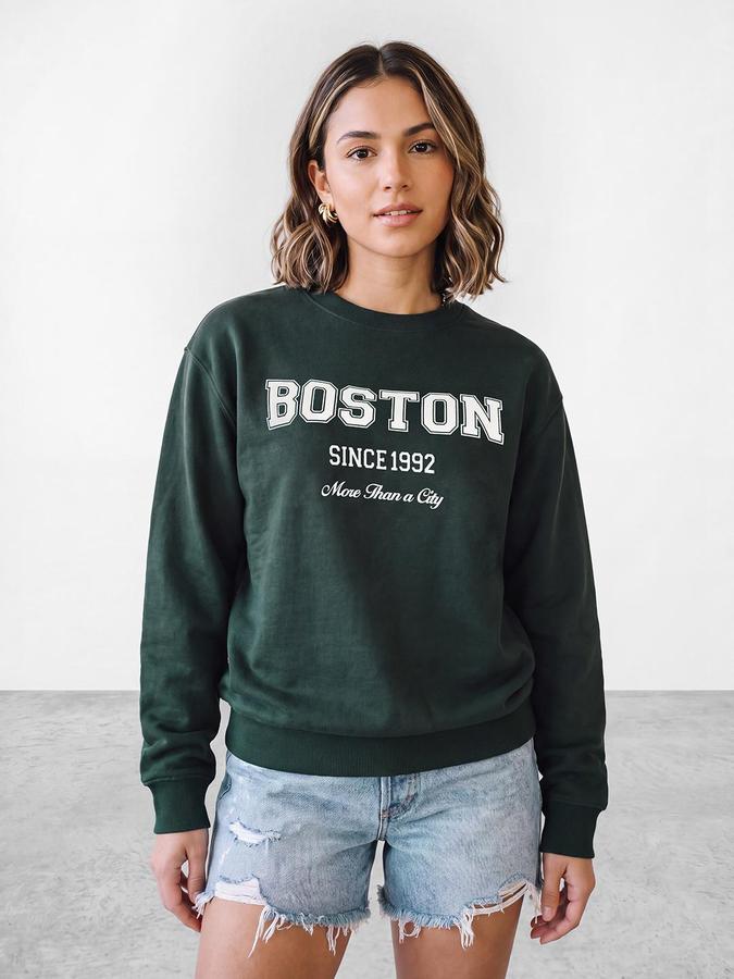 R&B Women Pine Green Graphic Print Round Neck Long Sleeves Sweatshirt