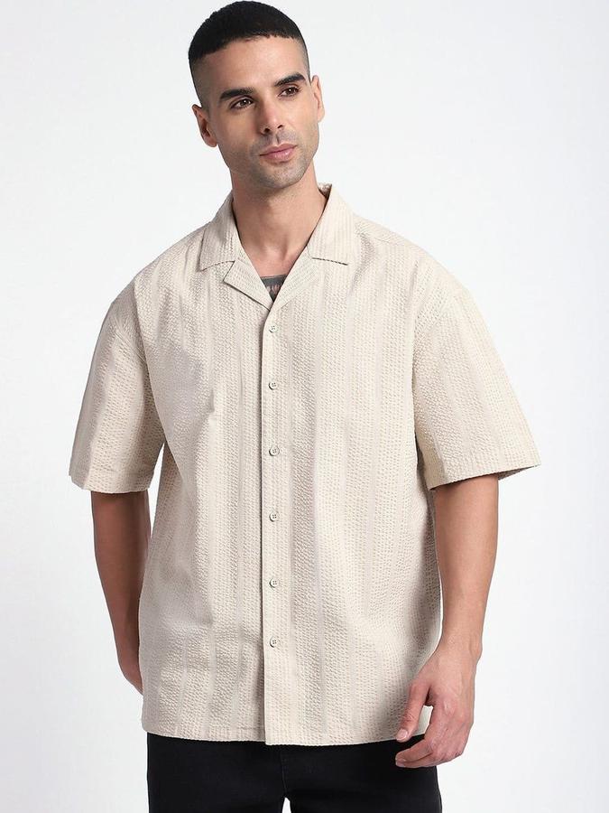 R&B Men Beige Self Design Half Sleeves Cuban Collar Relaxed Fit Shirt