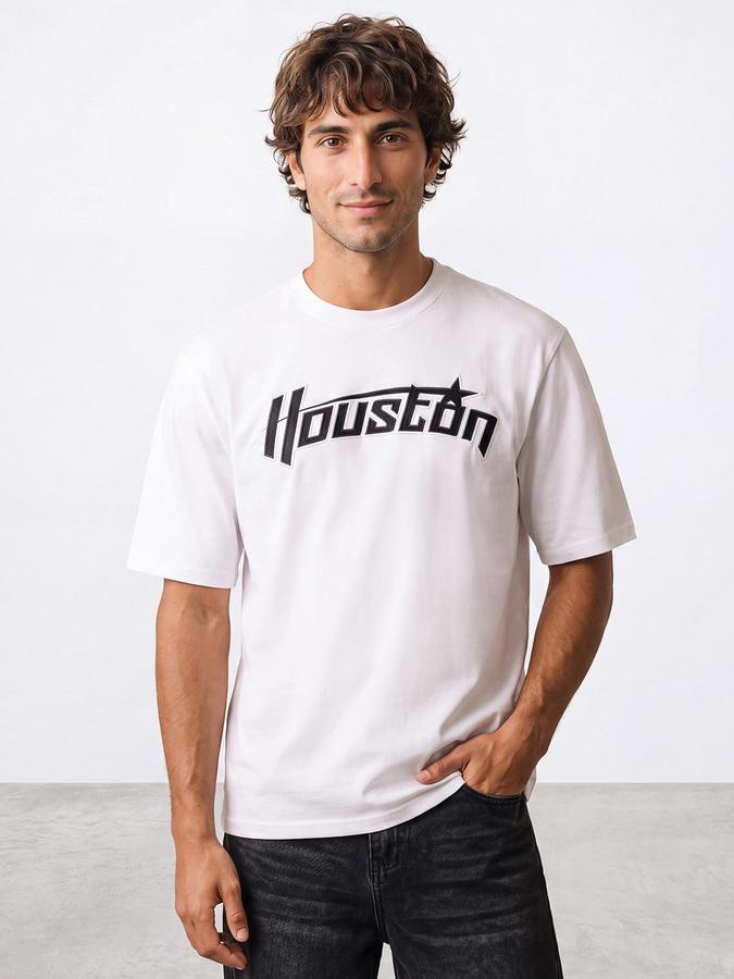 R&B Men White Short Sleeve Round Neck Typography Print T-Shirt