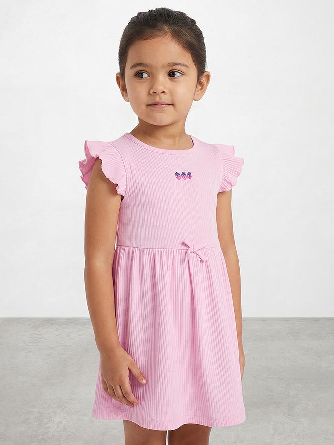 R&B Girl Pink Tropical Embroidery Flutter Sleeves Fit and Flare Dress