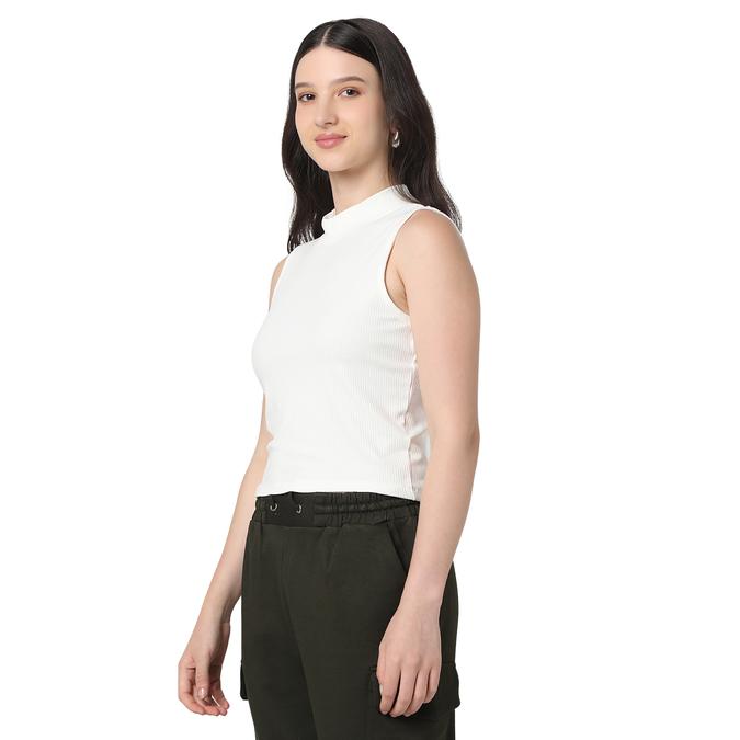 R&B Women Ivory Solid Sleeveless Ribbed Top