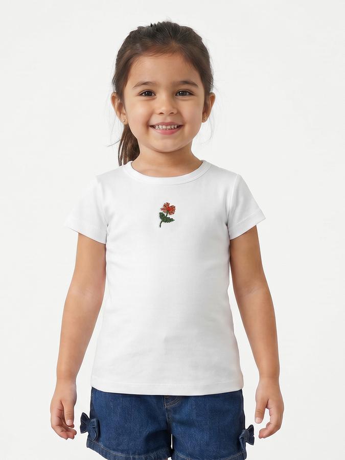 R&B Girls White Regular Fit Floral Embroidered Short Sleeve T-shirt