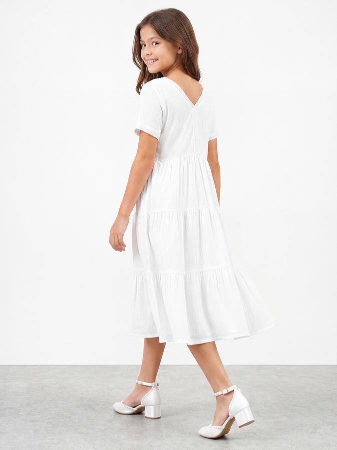 R&B Girl White Texture Pure Cotton Short Sleeves Fit and Flare Dress