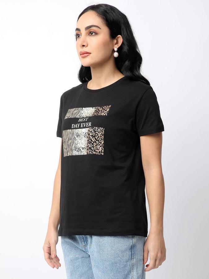 R&B Womens Black Graphic Print Round Neck Short Sleeves T-shirt