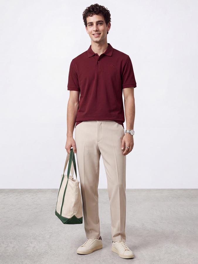 R&B Men Cherry Red Solid Short Sleeves Pure Cotton Polo Collar Tshirt