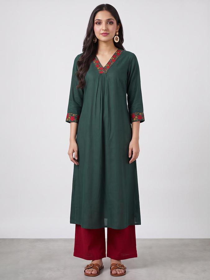 R&B Women Forest Green Floral Embroidered V-Neck Three-Quarter Sleeve A-Line Kurta