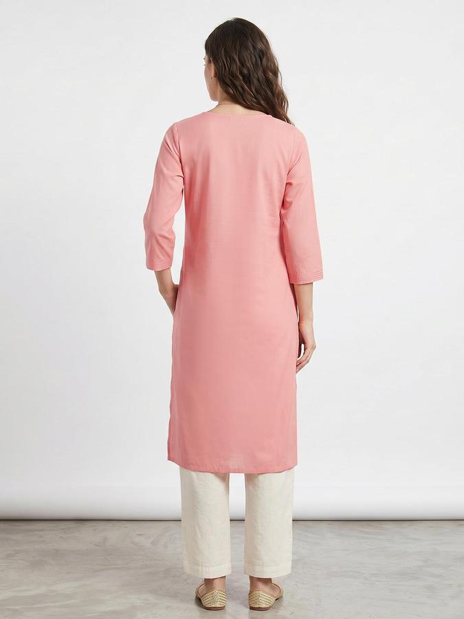 R&B Women Coral Printed Round Neck Three-Quarter Sleeves Calf Length Straight Kurta 