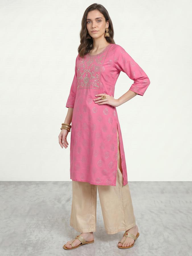 R&B Viscose Pink Embroidered Round Neck Women Kurtas