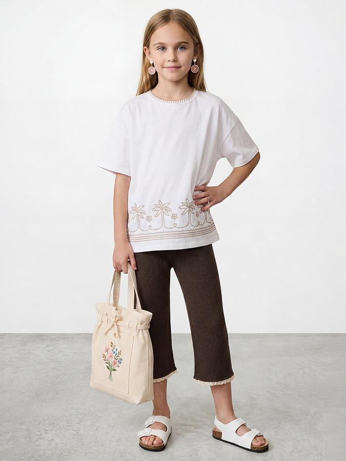 R&B Girls White Regular Fit Tree Embroidered Short Sleeve T-shirt