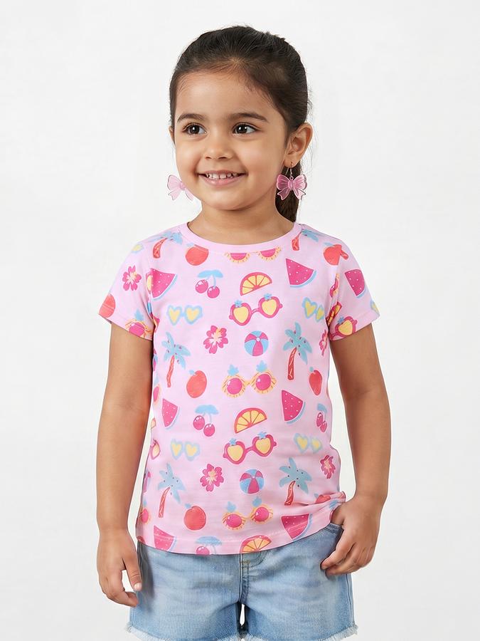 R&B Girls Pink Regular Fit Graphic Print Short Sleeve T-shirt