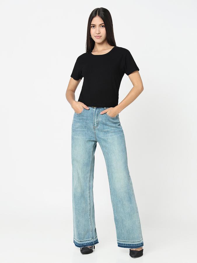 Women Viscose Crop Fit Round Neck Ribbed Top
