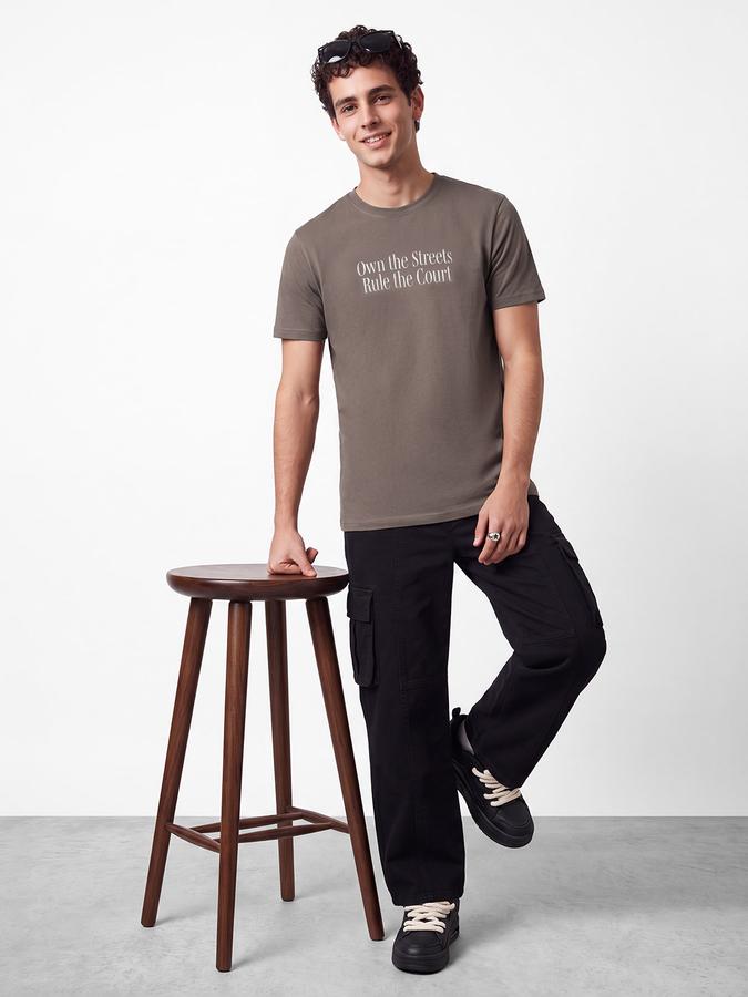 R&B Men Frappe Brown Typographic Print Short Sleeves Pure Cotton Tshirt