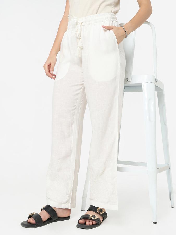 Women Viscose Straight Drawstring Embroidered Trousers