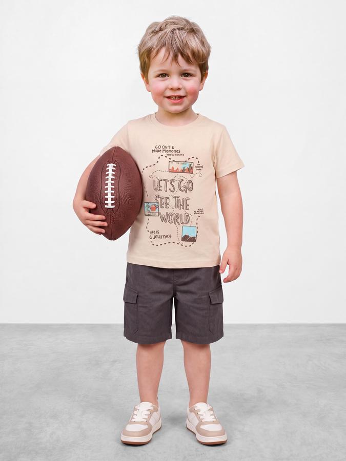 R&B Boys Light Beige Graphic Print Short Sleeves Round Neck Pure Cotton T-Shirt