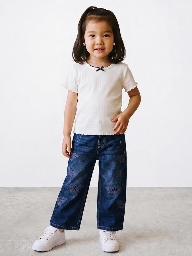 R&B Girls Blue Straight Fit Butterfly Pattern Denim Jeans