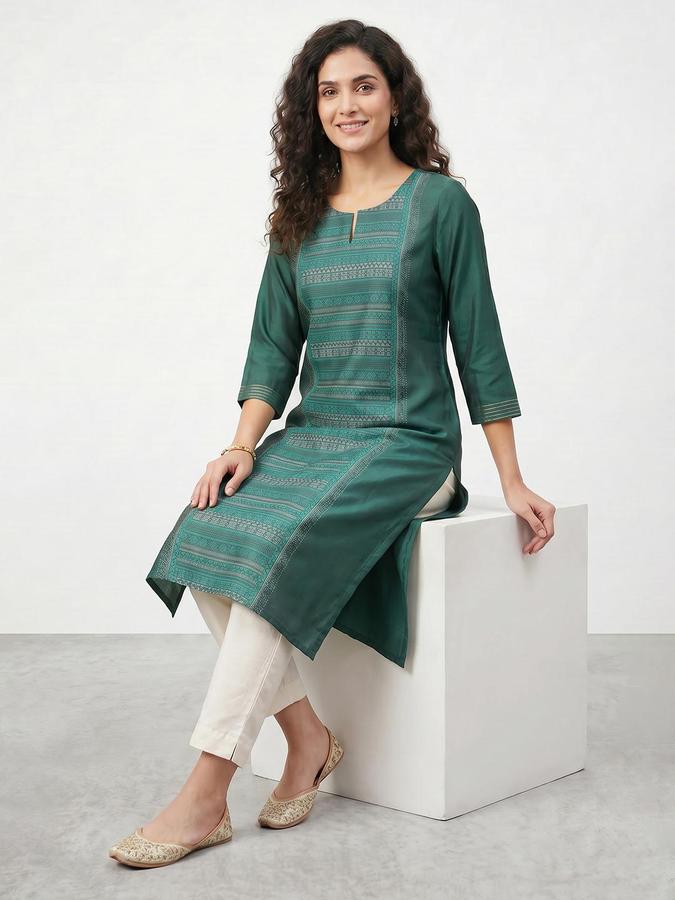 R&B Women Sea Green Printed Stylised Neck Three-Quarter Sleeves Calf Length Straight Kurta 