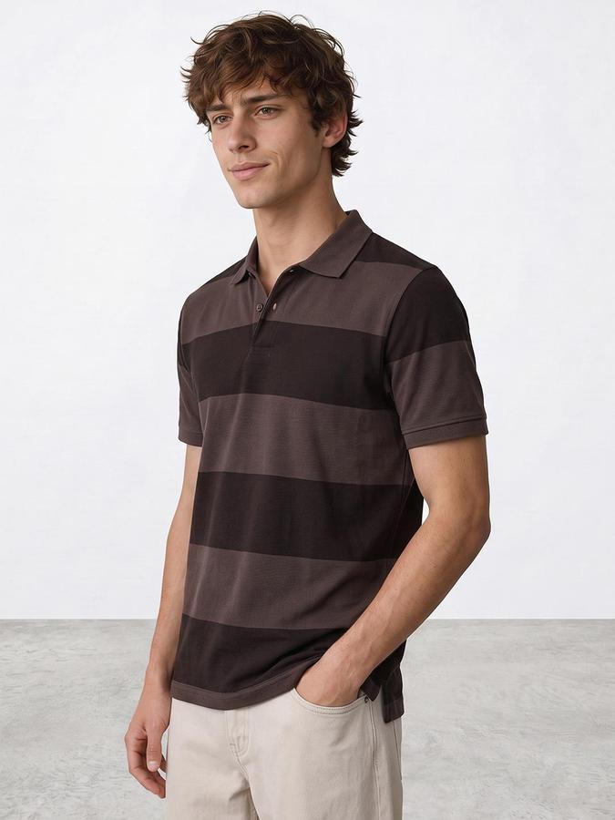 R&B Men Brown Striped Short Sleeves Polo Collar Pure Cotton T-Shirt