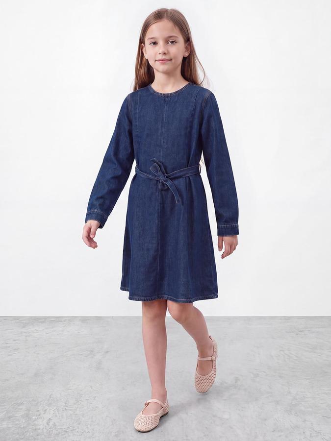 R&B Girls Blue Solid Round Neck Long Sleeves Denim A-Line Dress