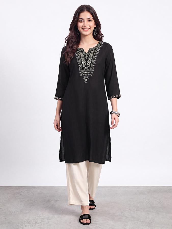 R&B Womens Black Three-Quarter Sleeves Round Neck Floral Embroidery Straight Kurta
