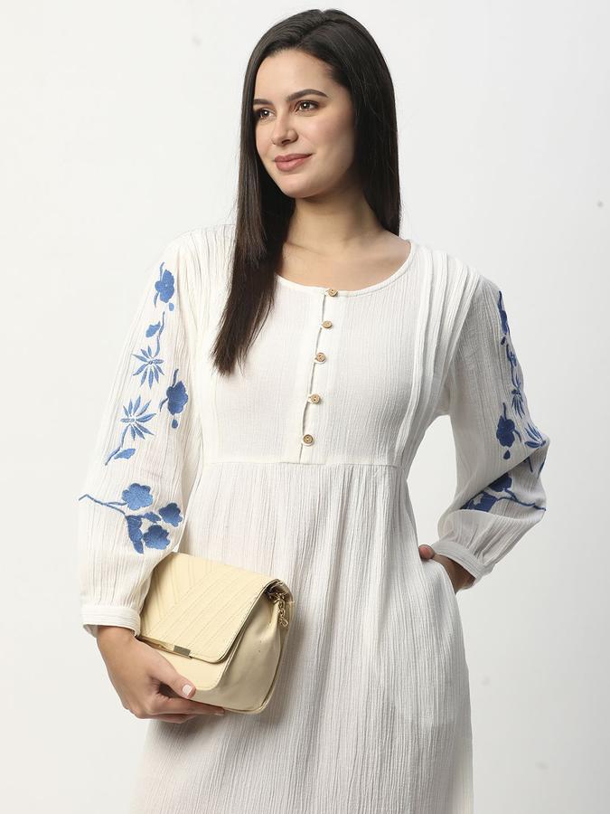 R&B Women White Self Design Long Sleeves Round Neck Knee Length Fit &amp; Flare Dress