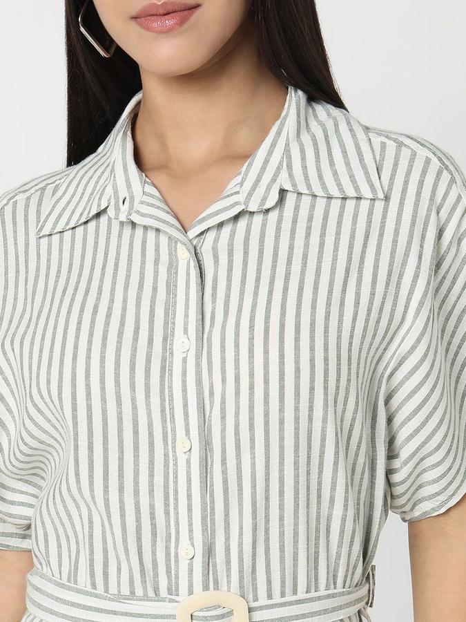 R&B Women Green Striped Half Sleeves Shirt Collar Maxi Shirt Dress