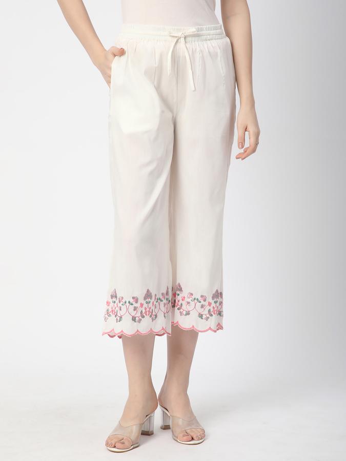 Women Cotton Blend Culottes Drawstring Embroidered Trousers