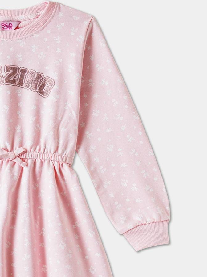R&B Pink Floral Printed Girls Long Sleeves Dress