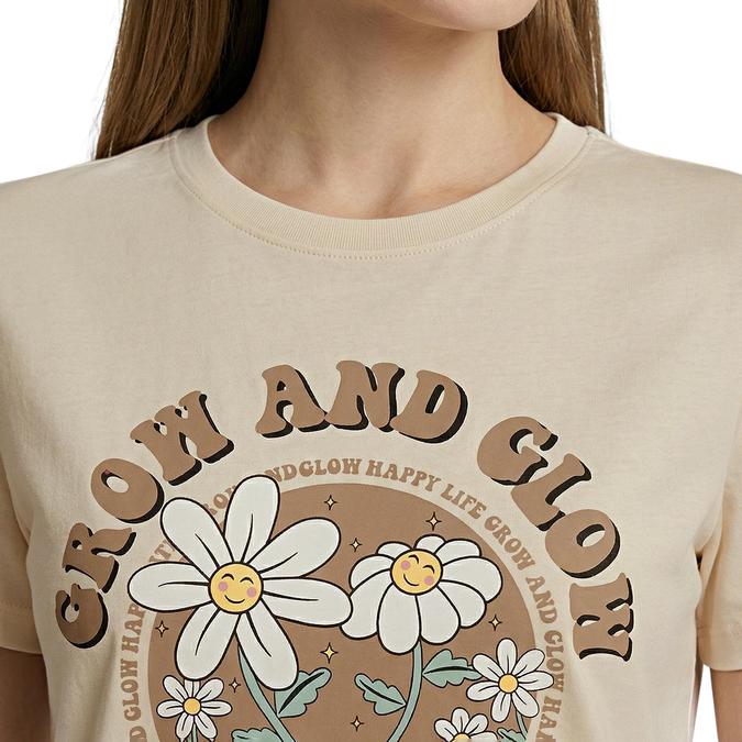 R&B Women Beige Cotton Printed Round Neck T-Shirt