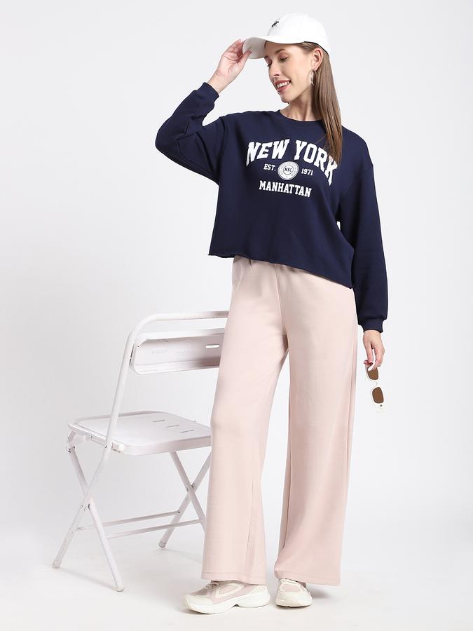 R&B Women Navy Typography Print Cropped Sweatshirt