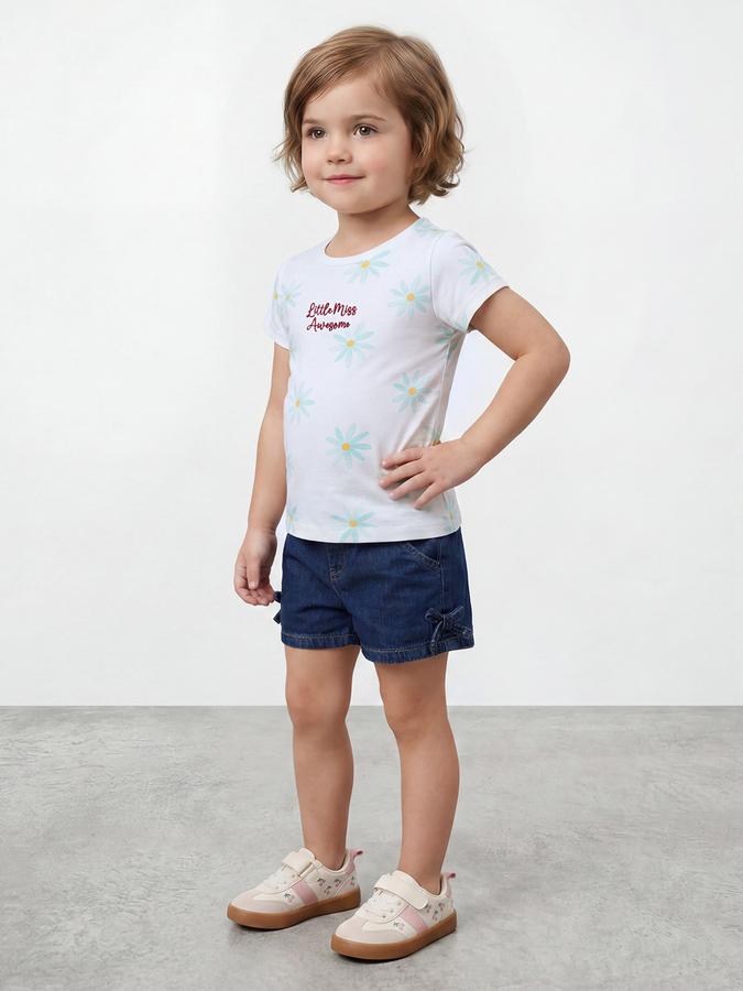 R&B Girls White Regular Fit Floral Print Short Sleeve T-shirt