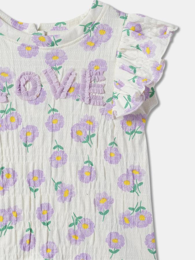 Girls Cotton Regular Fit Crew Neck Cap Sleeve Floral Top