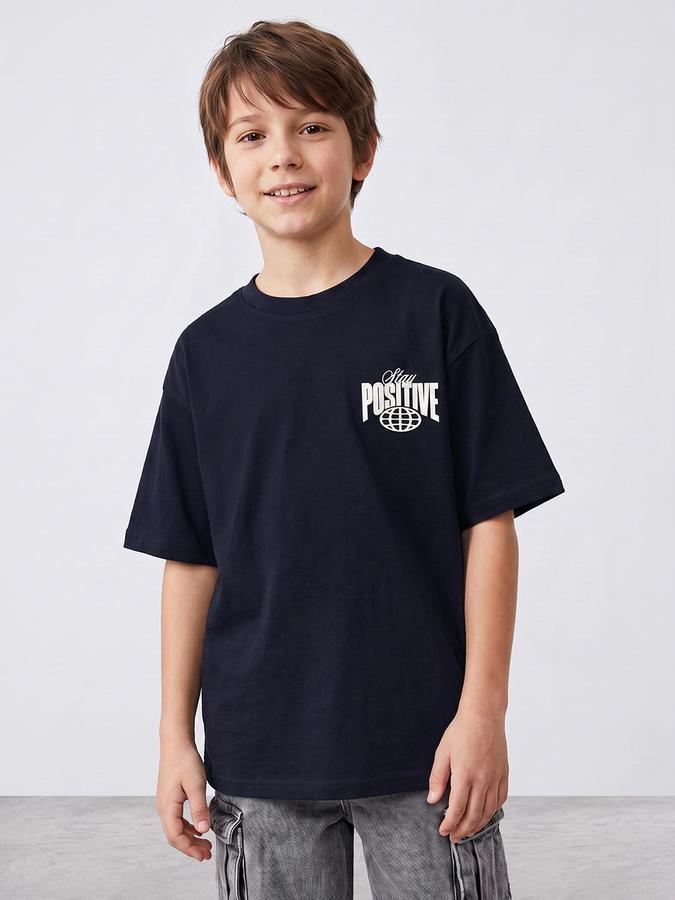 R&B Boys Navy Blue Graphic Back Print Short Sleeves Round Neck Pure Cotton T-Shirt