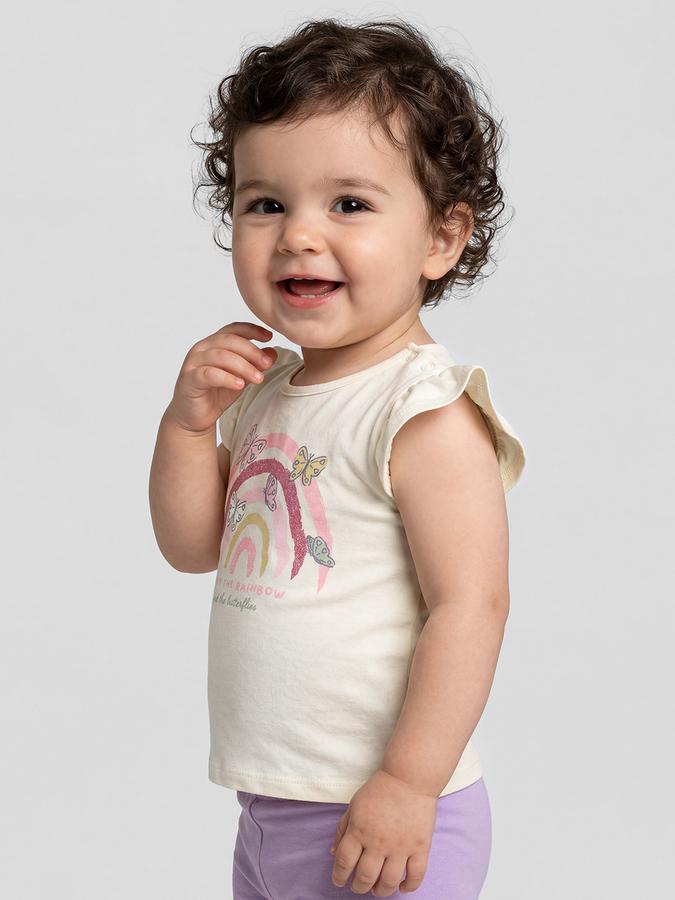 R&B White Graphic Print Girls Round Neck Regular Fit Short Sleeves T-Shirt 