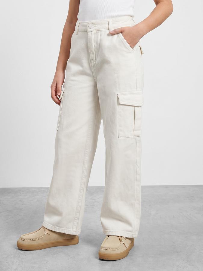 R&B Girls Cream Wide Leg Solid Mid-Rise Cotton Trouser