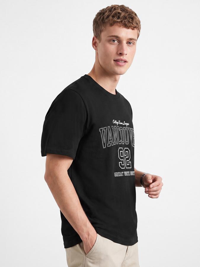 R&B Men Black Typographic Print Short Sleeves Relaxed Fit Pure Cotton Tshirt