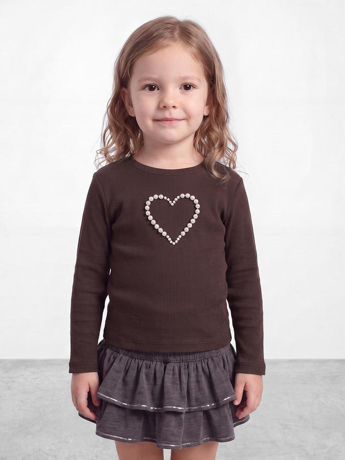 R&B Girls Brown Heart Embellishment Long Sleeves Round Neck Rib T-Shirt