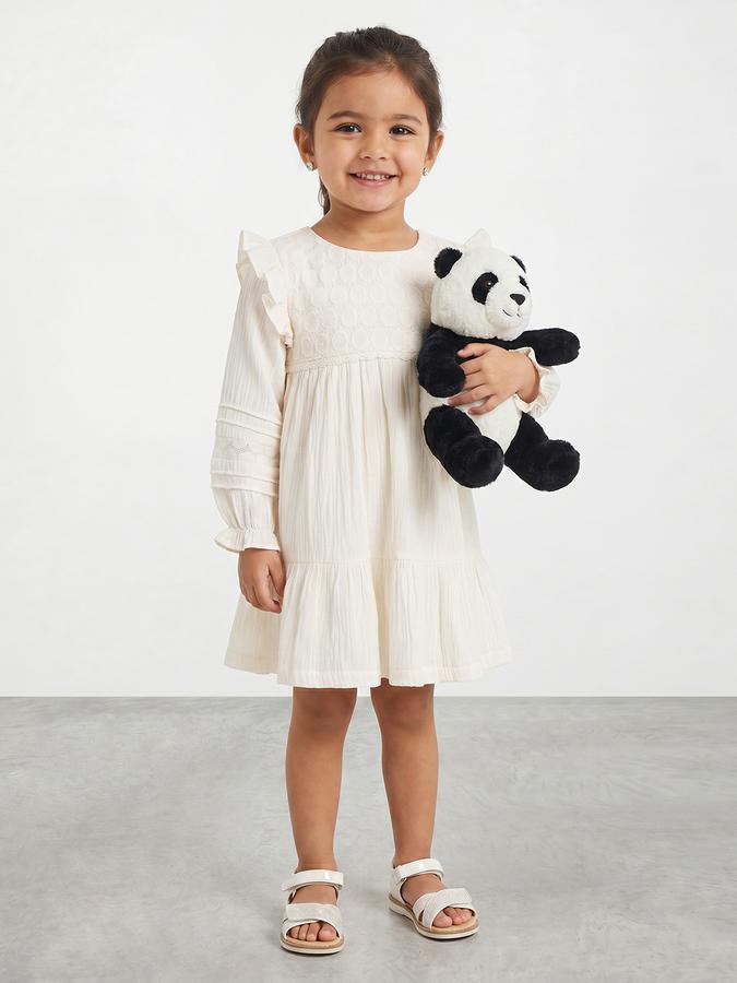 R&B Girl White Texture Pure Cotton Long Sleeves Fit and Flare Dress