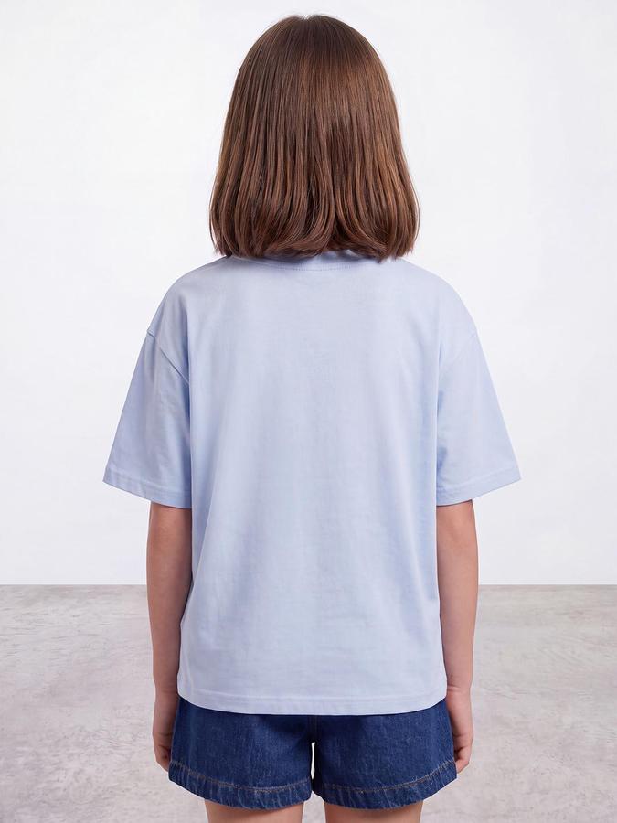 R&B Girls Blue Typography Print Short Sleeves Round Neck Pure Cotton T-Shirt